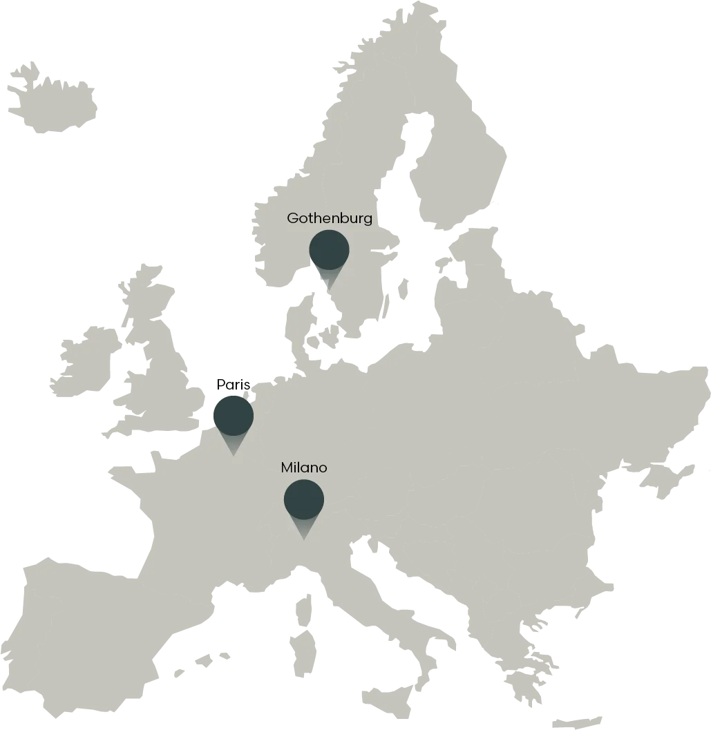 Map of Sparq's offices across Europe: Gothenburg, Paris and Milano