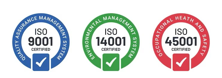 ISO 9001, ISO 14001 and ISO 45001 certification badges